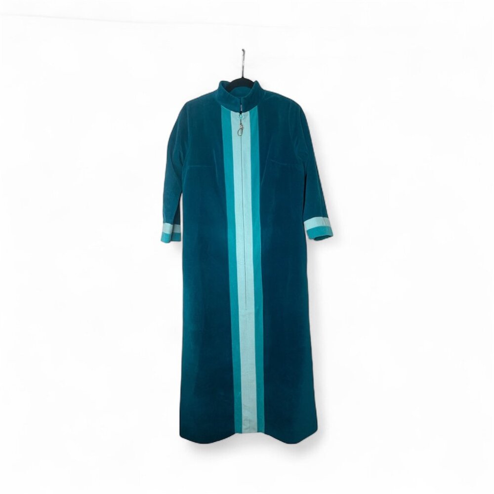 Vanity Fair 10 Women's Green Blue Velour Night Gown Vintage Zip Robe Colorblock